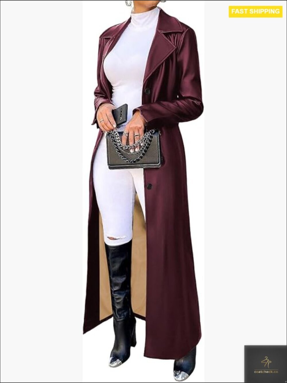 Faux Leather Trench Coat Maxi Duster Long Sleeve Button Down Chic Classic